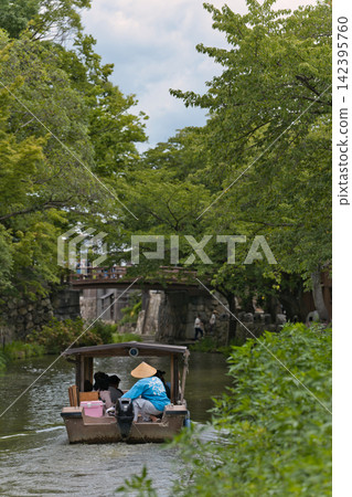 Omihachiman: A pleasure boat and boatman sailing along the lush green Hachiman Canal. Omihachiman: A pleasure boat and boatman sailing along the lush green Hachiman Canal. 142395760