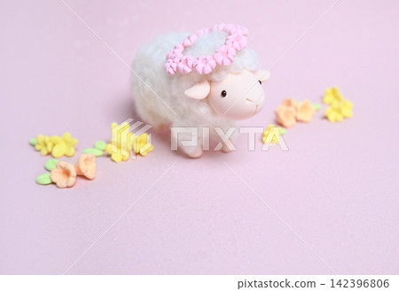 A New Year's card featuring a sheep wearing a flower crown; no text. A New Year's card featuring a sheep wearing a flower crown; no text. 142396806