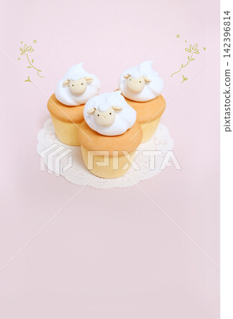 New Year's card featuring a cupcake topped with sheep cream; plain background with ruled lines. New Year's card featuring a cupcake topped with sheep cream; plain background with ruled lines. 142396814
