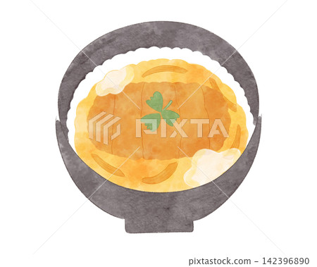 水彩風格的可愛輕鬆的豬排飯插畫。 142396890