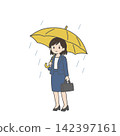 A smiling female employee holding a yellow umbrella in the rain. 142397161