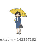 A smiling female employee holding a yellow umbrella. 142397162