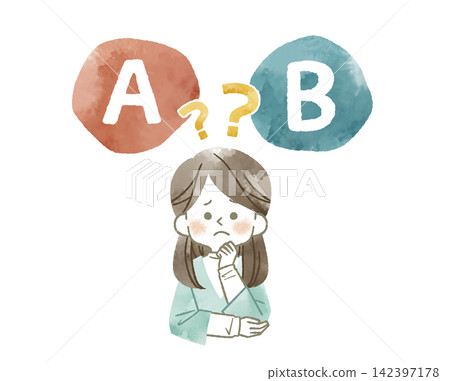 一位表情憂慮的女子正在比較A和B兩種方案-水彩畫 一位表情憂慮的女子正在比較A和B兩種方案-水彩畫 142397178