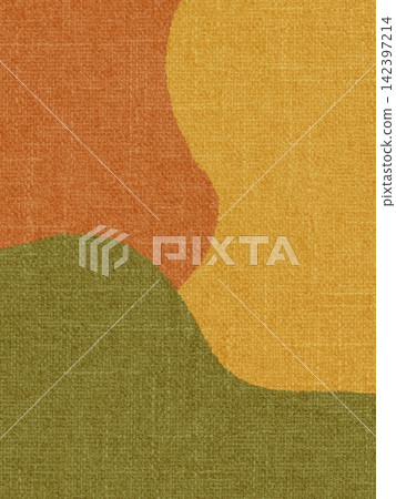 Nordic-style abstract art background with fabric texture and organic curved color blocks (green and orange tones). Nordic-style abstract art background with fabric texture and organic curved color blocks (green and orange tones). 142397214