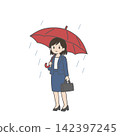 A female employee with a troubled expression is holding a red umbrella in the rain. 142397245