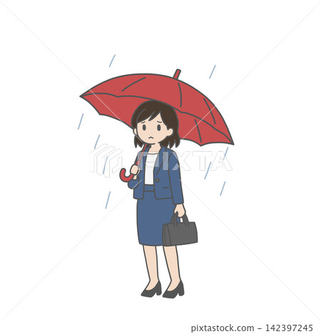 一名神情憂慮的女員工在雨中撐著一把紅傘。 一名神情憂慮的女員工在雨中撐著一把紅傘。 142397245