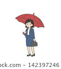 A female employee with a troubled expression, holding a red umbrella. 142397246