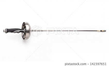 Fencing foil weapon with metal guard and black grip competition exercise athletic equipment flexible activity isolated background horizontal Fencing foil weapon with metal guard and black grip competition exercise athletic equipment flexible activity isolated background horizontal 142397651