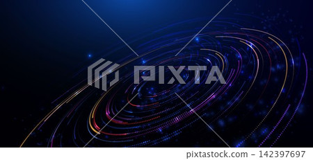 Abstract Digital Spiral Wave Background with Blue and Orange Glowing Dots. 142397697