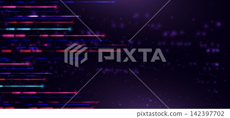 Abstract Neon Light Streaks and Glowing Particles on Dark Purple Background. Abstract Neon Light Streaks and Glowing Particles on Dark Purple Background. 142397702