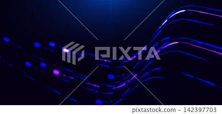 Abstract Blue Neon Wave Lines with Glowing Light Trails on Dark Technology Background. Abstract Blue Neon Wave Lines with Glowing Light Trails on Dark Technology Background. 142397703