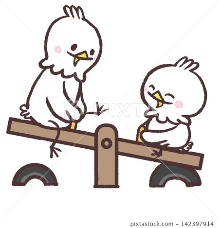 An illustration of a white bird playing on a seesaw. An illustration of a white bird playing on a seesaw. 142397914