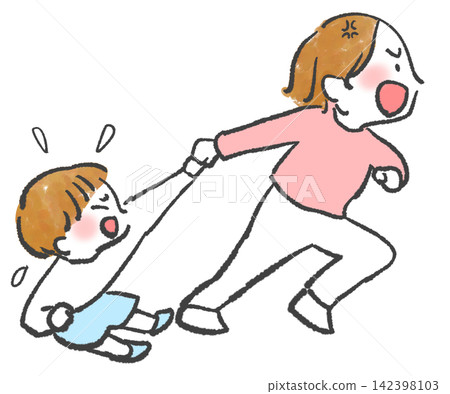 A mother angrily drags her reluctant child along. A mother angrily drags her reluctant child along. 142398103