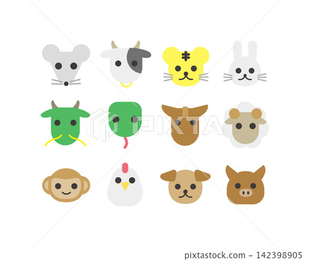 A set of illustrations featuring the faces of the twelve zodiac animals. A set of illustrations featuring the faces of the twelve zodiac animals. 142398905
