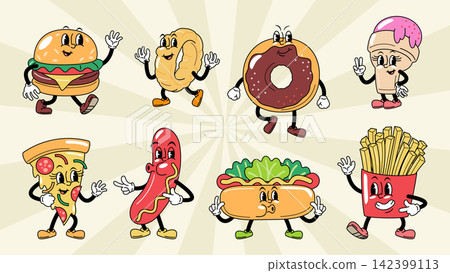 Fast food and junk food retro rubber hose cartoon characters set, featuring a burger, crispy onion string, donut, ice cream, pizza slice, hot dog sausage, sandwich hot dog and french fries. Vector. Fast food and junk food retro rubber hose cartoon characters set, featuring a burger, crispy onion string, donut, ice cream, pizza slice, hot dog sausage, sandwich hot dog and french fries. Vector. 142399113