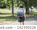 The back view of a young elementary school girl walking with a schoolbag on her back. 142399226