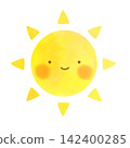 Cute watercolor-style illustration of the sun with a face. 142400285