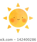 Cute watercolor-style illustration of the sun with a face. 142400286