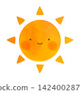 Cute watercolor-style illustration of the sun with a face. 142400287