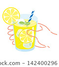 Lemonade in a glass, held in the hand. 142400296