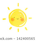 A cute, hand-drawn watercolor illustration of the sun with a face. 142400565