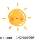 A cute, hand-drawn watercolor illustration of the sun with a face. 142400566