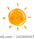 A cute, hand-drawn watercolor illustration of the sun with a face. 142400567