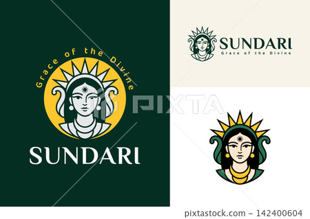 Sundari goddess emblem with sunburst crown for premium beauty branding and holistic wellness company identity. Sundari goddess emblem with sunburst crown for premium beauty branding and holistic wellness company identity. 142400604