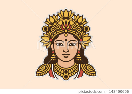 Traditional Indian goddess portrait with ornate golden crown and jewelry for cultural events or spiritual graphic resources. Traditional Indian goddess portrait with ornate golden crown and jewelry for cultural events or spiritual graphic resources. 142400606