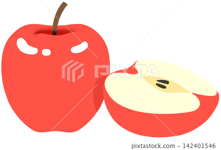 一個蘋果和半個切開的蘋果側躺在地上。 一個蘋果和半個切開的蘋果側躺在地上。 142401546