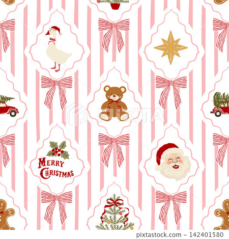 Pink Christmas striped seamless pattern with coquette frames, bows, Teddy bear. Vector winter festive background Pink Christmas striped seamless pattern with coquette frames, bows, Teddy bear. Vector winter festive background 142401580