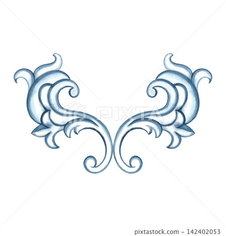 Decorative blue ornament in the Baroque style. A hand drawn watercolor illustration. A versatile element for borders, patterns and prints, covers, invitations and postcards, web pages and much more. Decorative blue ornament in the Baroque style. A hand drawn watercolor illustration. A versatile element for borders, patterns and prints, covers, invitations and postcards, web pages and much more. 142402053