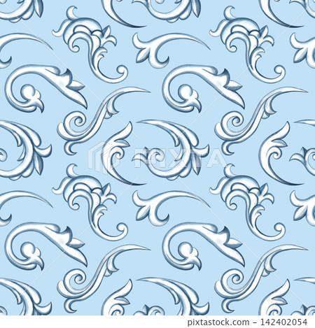 Seamless pattern with a decorative ornament in the Baroque style. Hand drawn watercolor illustration. Blue background. For textiles, tablecloths and curtains, prints, backgrounds, wallpaper and more. Seamless pattern with a decorative ornament in the Baroque style. Hand drawn watercolor illustration. Blue background. For textiles, tablecloths and curtains, prints, backgrounds, wallpaper and more. 142402054