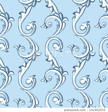 Seamless pattern with a decorative ornament in the Baroque style. Hand drawn watercolor illustration. Blue background. For textiles, tablecloths and curtains, prints, backgrounds, wallpaper and more. Seamless pattern with a decorative ornament in the Baroque style. Hand drawn watercolor illustration. Blue background. For textiles, tablecloths and curtains, prints, backgrounds, wallpaper and more. 142402055