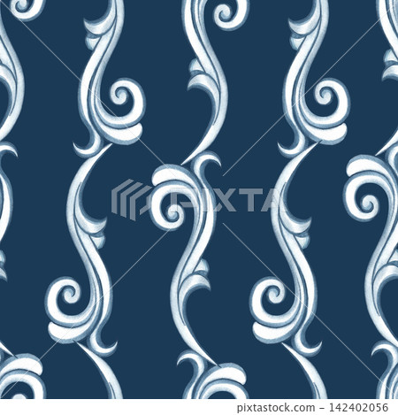 A seamless pattern with a decorative Baroque-style ornament. Hand-drawn watercolor illustration. Dark blue background. For textiles, tablecloths and curtains, for backgrounds, wallpaper and much more. A seamless pattern with a decorative Baroque-style ornament. Hand-drawn watercolor illustration. Dark blue background. For textiles, tablecloths and curtains, for backgrounds, wallpaper and much more. 142402056