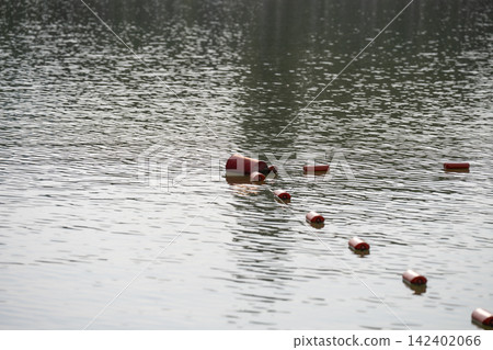 A moody and atmospheric view of red safety buoys representing a strict boundary line in territorial waters. Conceptual imagery of a political crisis, national security hazard, and restricted area A moody and atmospheric view of red safety buoys representing a strict boundary line in territorial waters. Conceptual imagery of a political crisis, national security hazard, and restricted area 142402066