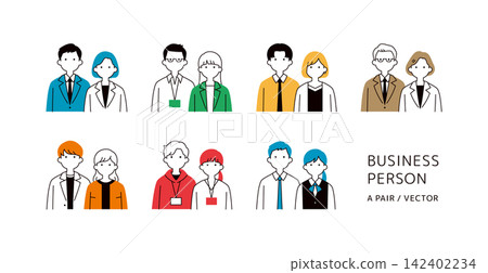 A set of simple line-drawn vector illustrations of the upper bodies of a male and female business person pair - avatar. A set of simple line-drawn vector illustrations of the upper bodies of a male and female business person pair - avatar. 142402234
