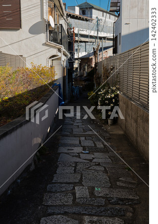 京都住宅區的一條狹窄巷道 京都住宅區的一條狹窄巷道 142402333