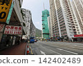 City street with tall buildings and busy shops in hong kong 142402489