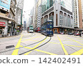City street with tram and tall buildings during daytime 142402491