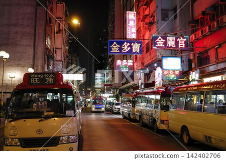 Night city street with buses and bright neon signs in hong kong Night city street with buses and bright neon signs in hong kong 142402706
