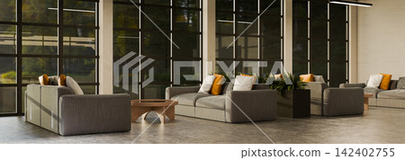 3D Illustration of Modern Office Workplace Lobby Lounge with Sectional Sofas, Floor to Ceiling Windows and Indoor Plants 3D Illustration of Modern Office Workplace Lobby Lounge with Sectional Sofas, Floor to Ceiling Windows and Indoor Plants 142402755