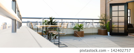 3D Illustration of Modern Rooftop Balcony Terrace with Dining Table, Chairs, and Plants Overlooking City Skyline 3D Illustration of Modern Rooftop Balcony Terrace with Dining Table, Chairs, and Plants Overlooking City Skyline 142402757