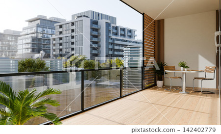 3D Illustration of Modern Apartment Balcony with Glass Railing and City View, Outdoor Terrace with Wood Deck 3D Illustration of Modern Apartment Balcony with Glass Railing and City View, Outdoor Terrace with Wood Deck 142402779