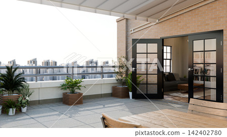 3D Illustration of Modern Rooftop Balcony with Glass French Doors, Potted Plants, and City Skyline View 3D Illustration of Modern Rooftop Balcony with Glass French Doors, Potted Plants, and City Skyline View 142402780