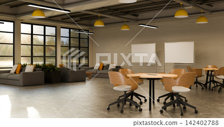 3D Illustration of Modern Open Office Workplace with Meeting Table, Wooden Chairs, Whiteboards and Lounge Area 3D Illustration of Modern Open Office Workplace with Meeting Table, Wooden Chairs, Whiteboards and Lounge Area 142402788