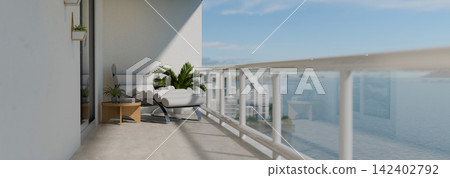 3D Illustration of Modern Luxury Apartment Balcony with Lounge Chair, Glass Railing, and Ocean View 3D Illustration of Modern Luxury Apartment Balcony with Lounge Chair, Glass Railing, and Ocean View 142402792