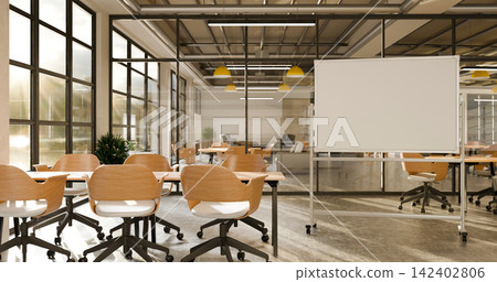 3D Illustration of Modern Office Training Room with Whiteboard, Wooden Chairs, and Open Workspace 3D Illustration of Modern Office Training Room with Whiteboard, Wooden Chairs, and Open Workspace 142402806