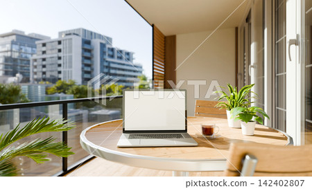 3D Illustration of Laptop with Blank Screen on Balcony Table with City View and Plants 3D Illustration of Laptop with Blank Screen on Balcony Table with City View and Plants 142402807