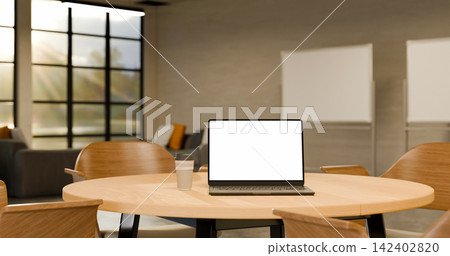 3D Illustration of Modern Office Workspace with Laptop Blank Screen Mockup on Round Wooden Table 3D Illustration of Modern Office Workspace with Laptop Blank Screen Mockup on Round Wooden Table 142402820